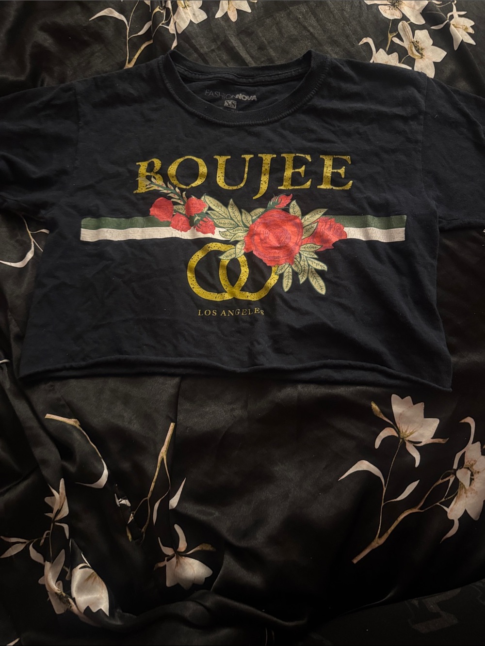 Fashion Nova "Boujee" Black Floral Graphic Crop Tee